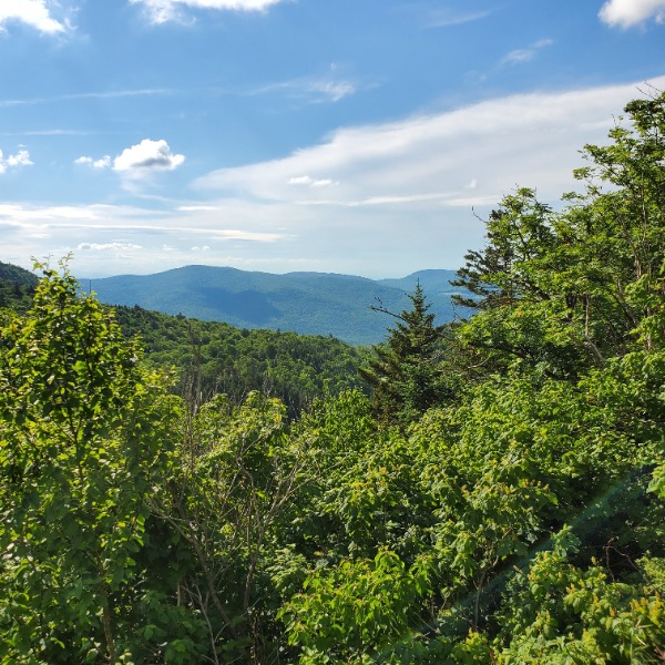 Appalachian Gap Green Mountains Vermont -- A blue sky with white clouds, green trees, and a mountain in the background